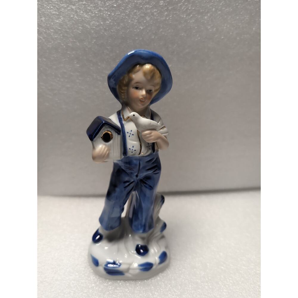 COUNTRY GIRL PORCELAIN FIGURE BLONDE GIRL W/BIRD & BIRD HOUSE BLUE OVERALLS/HAT